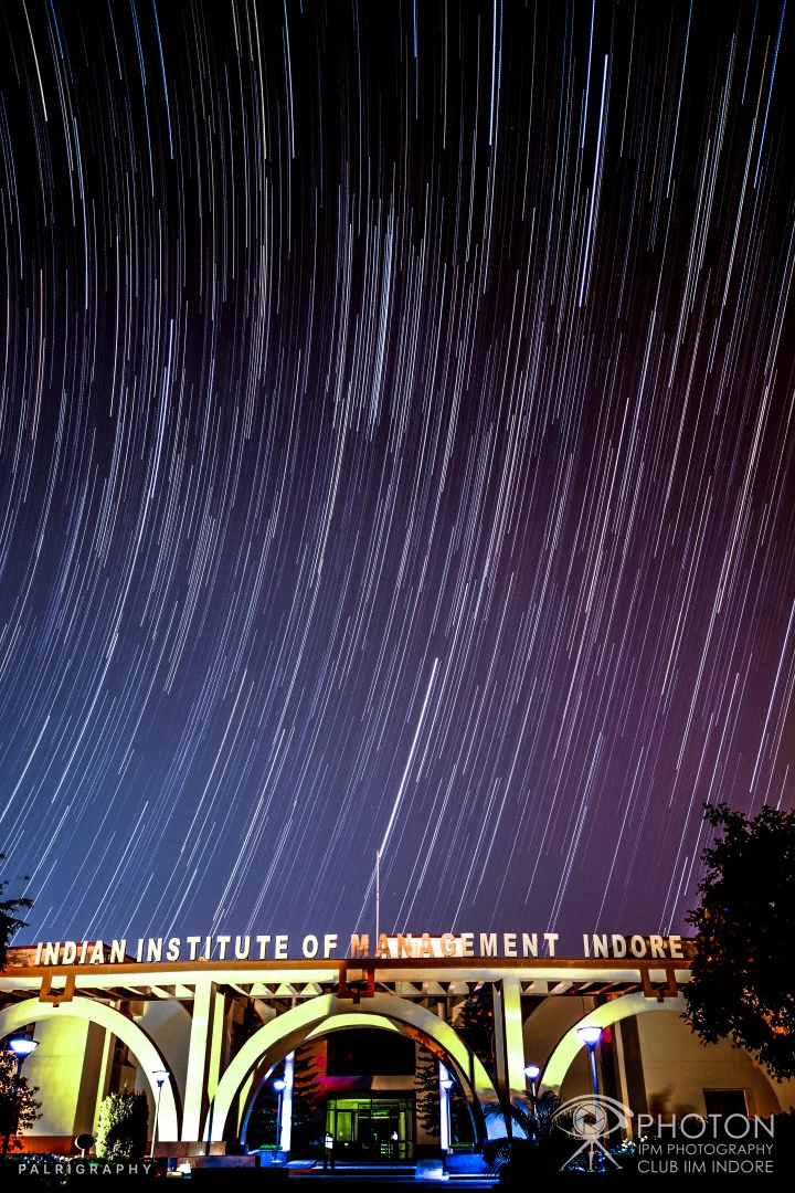 IIM Indore, front — star trails photograph by Raghav Palriwala (Palrigraphy)
