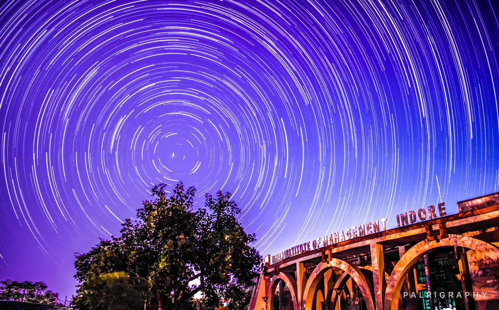 IIM Indore under the North Star — star trails photograph by Raghav Palriwala (Palrigraphy)